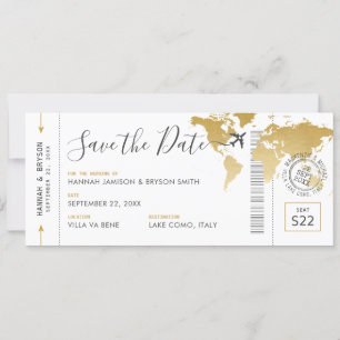 Boarding Pass Save the Date Gold World Map Invitation