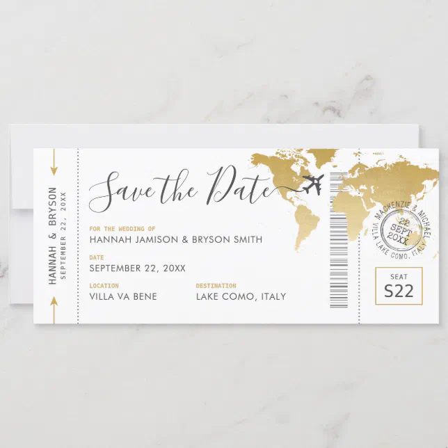 Boarding Pass Save the Date Gold World Map Invitation | Zazzle