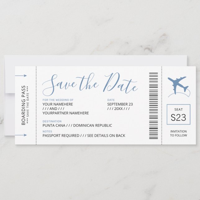 Boarding Pass Save the Date Invitation Blue Plane (Front)