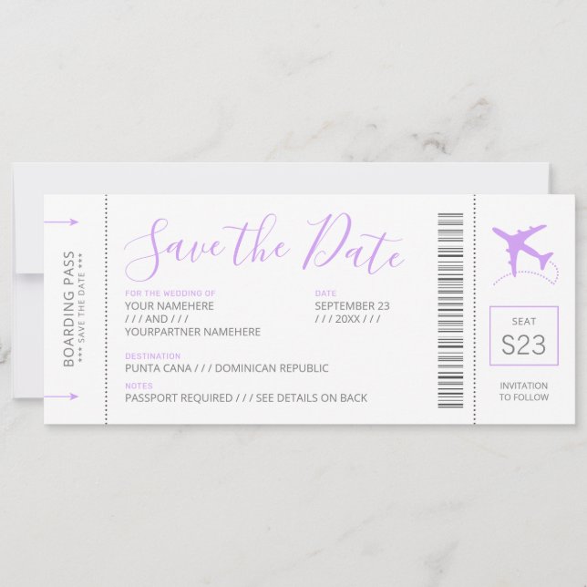 Boarding Pass Save the Date Invitation Lilac Plane (Front)