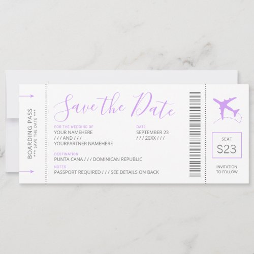 Boarding Pass Save the Date Invitation Lilac Plane