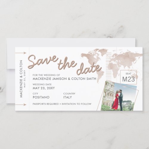 Boarding Pass Save the Date Photo Tan World Map