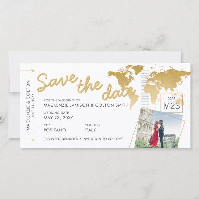 Boarding Pass Save the Date Photo World Map Gold (Front)