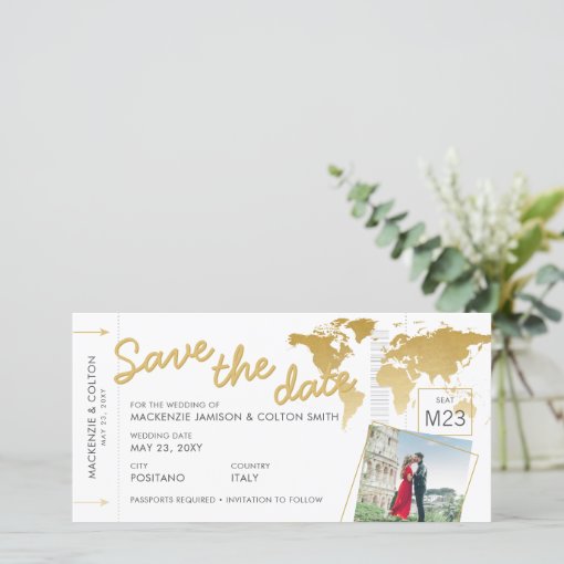 Boarding Pass Save the Date Photo World Map Gold | Zazzle