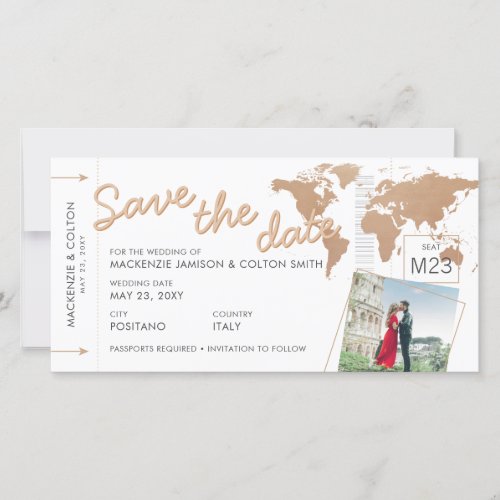 Boarding Pass Save the Date Photo World Map Rust