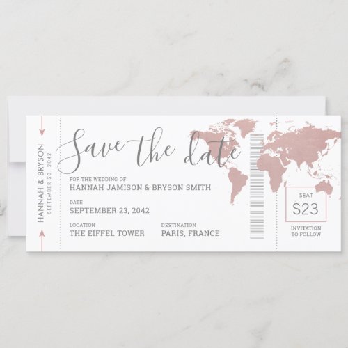 Boarding Pass Save the Date Pink Map Ticket