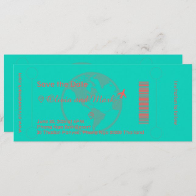 Boarding Pass Save the Date – Teal & Coral Invitation (Front/Back)