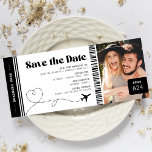 Boarding Pass Save the Date Ticket<br><div class="desc">Modern boarding pass wedding ticket featuring a simple white background that can be changed to any color,  a photo of the engaged couple,  a plane with a heart loop trail,  and a personalized save the date template that is easy to personalize.</div>