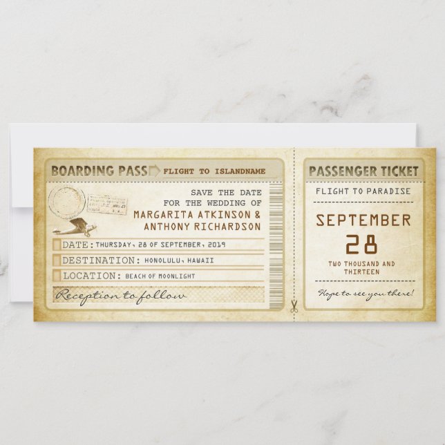 boarding pass save the date tickets with plane (Front)