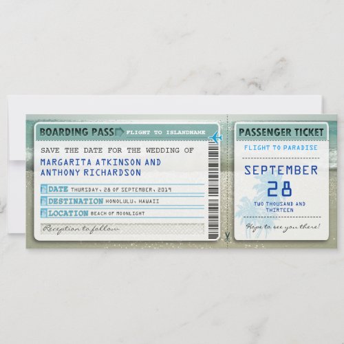 boarding pass save the date tickets with sea waves