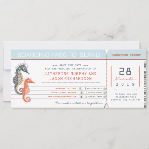 boarding pass save the date tickets with seahorses