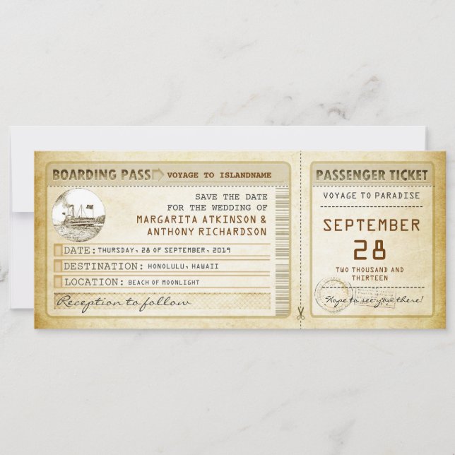 boarding pass save the date tickets with ship (Front)