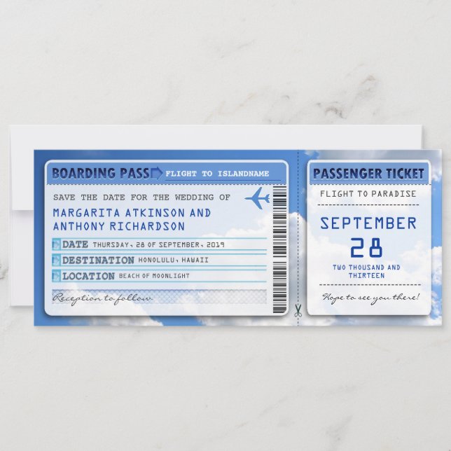 boarding pass save the date tickets with sky cloud (Front)