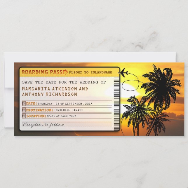 boarding pass save the date tickets with sunset (Front)