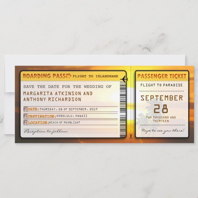 boarding pass save the date tickets with sunset (Front)