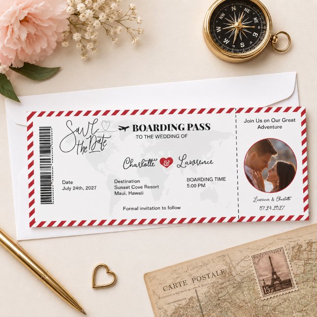 Boarding Pass Save the Date Wedding Invitation  Raffle Tickets (Vintage Save the Date Wedding Invitation romantic couple heart red classic photo calligraphy)