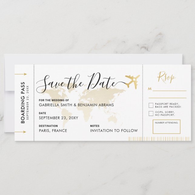 Boarding Pass Save the Date with Attached RSVP (Front)