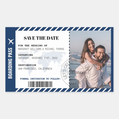 Boarding Pass Save The Date World Map Ticket  Rectangular Sticker