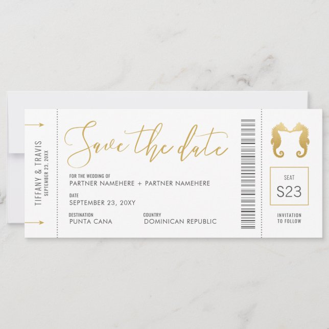 Boarding Pass Seahorses Kissing Ticket Beach Save The Date (Front)