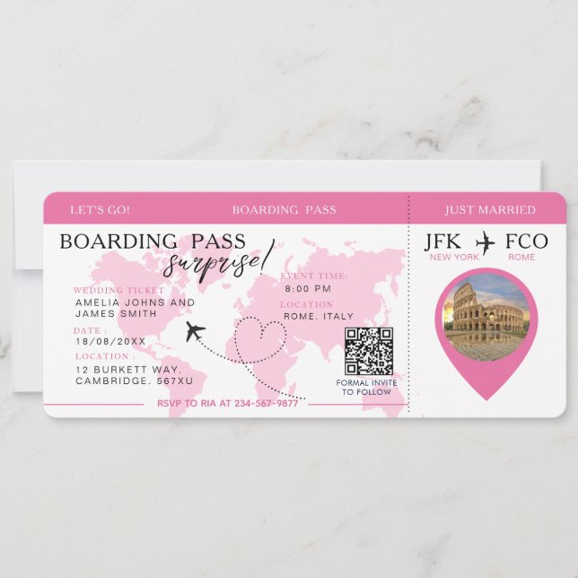 Boarding Pass Surprise Airline Ticket wedding Invitation (Front)