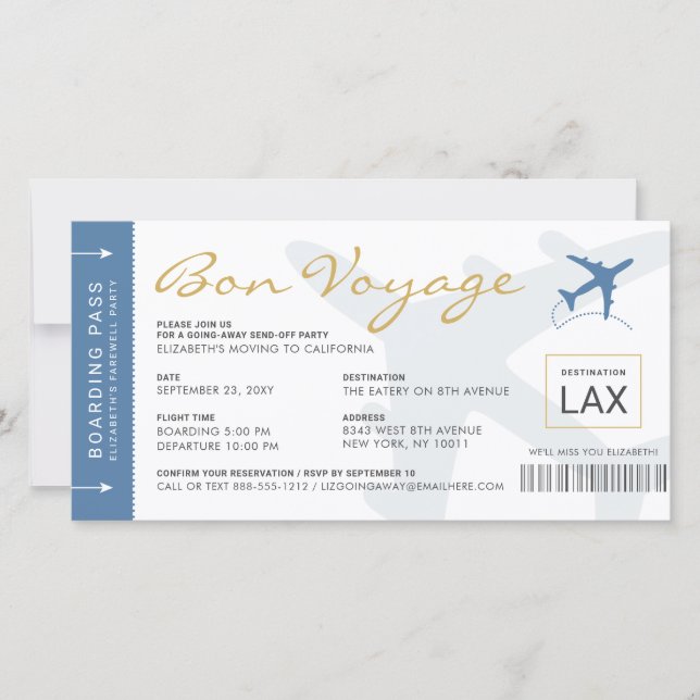 Boarding Pass Ticket Bon Voyage Party Invitation (Front)