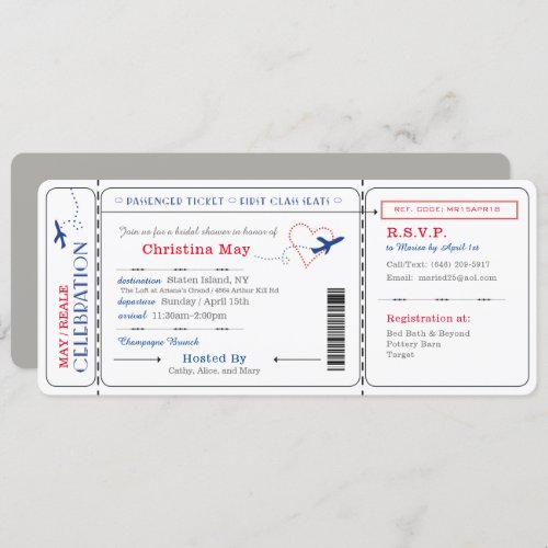 Boarding Pass Ticket Bridal Shower Invite Red Blue