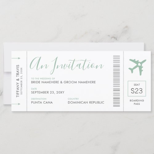 Boarding Pass Ticket Destination Soft Green Invita Invitation