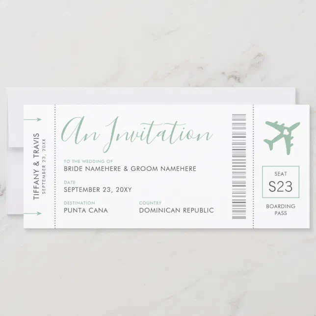 Boarding Pass Ticket Destination Soft Green Invita Invitation | Zazzle