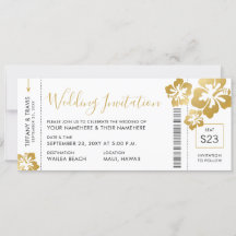 Boarding Pass Ticket Gold Hibiscus Hawaii Wedding