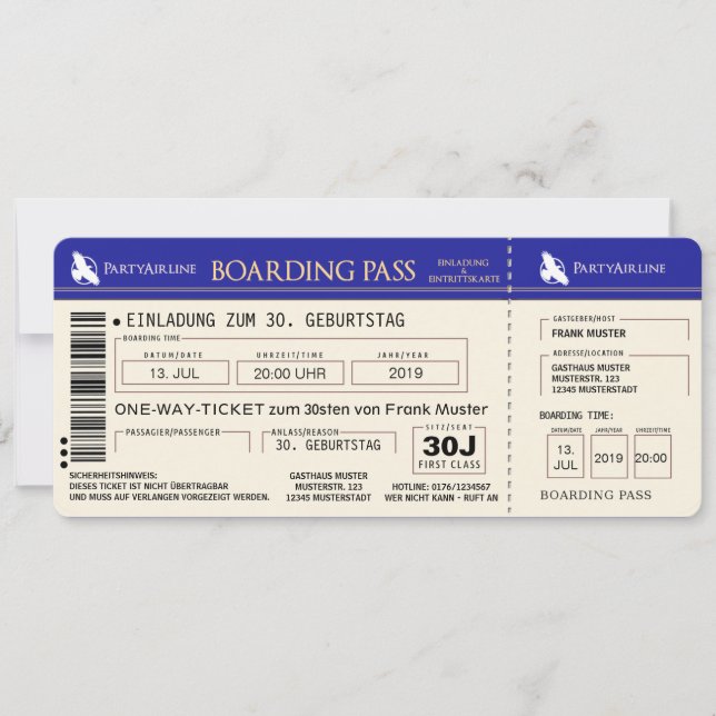 BOARDING PASS ticket invitation card (blue) (Front)