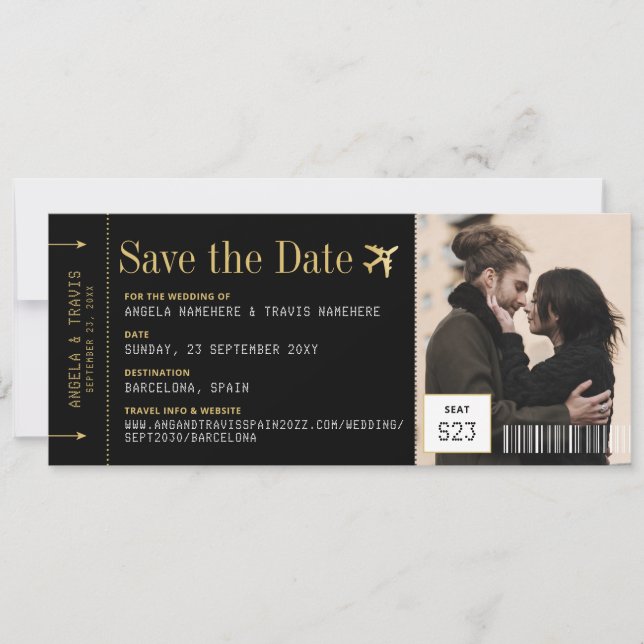 Boarding Pass Ticket Photo Wedding Save the Date  (Front)