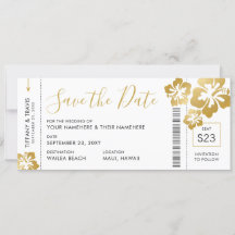Boarding Pass Ticket Save the Date Gold Hibiscus
