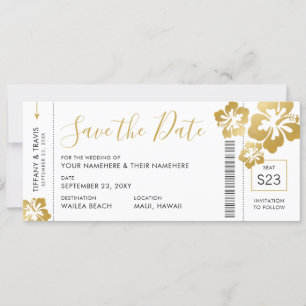 Boarding Pass Ticket Save the Date Gold Hibiscus Announcement