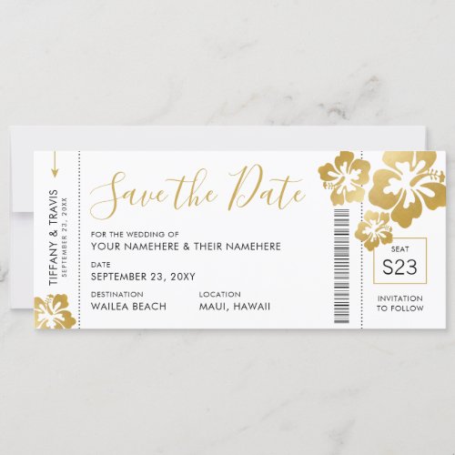 Boarding Pass Ticket Save the Date Gold Hibiscus Announcement