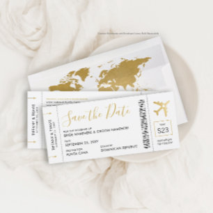 Boarding Pass Ticket Save the Date Gold Plane Card