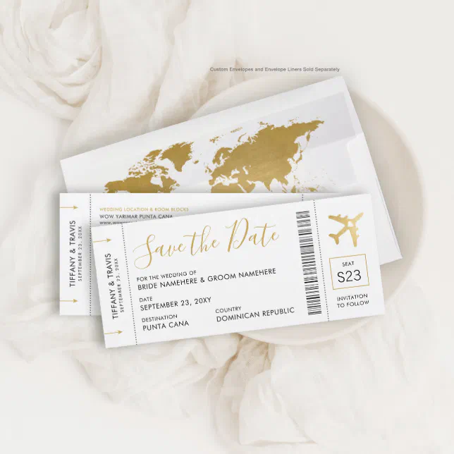 Boarding Pass Ticket Save the Date Gold Plane Card | Zazzle