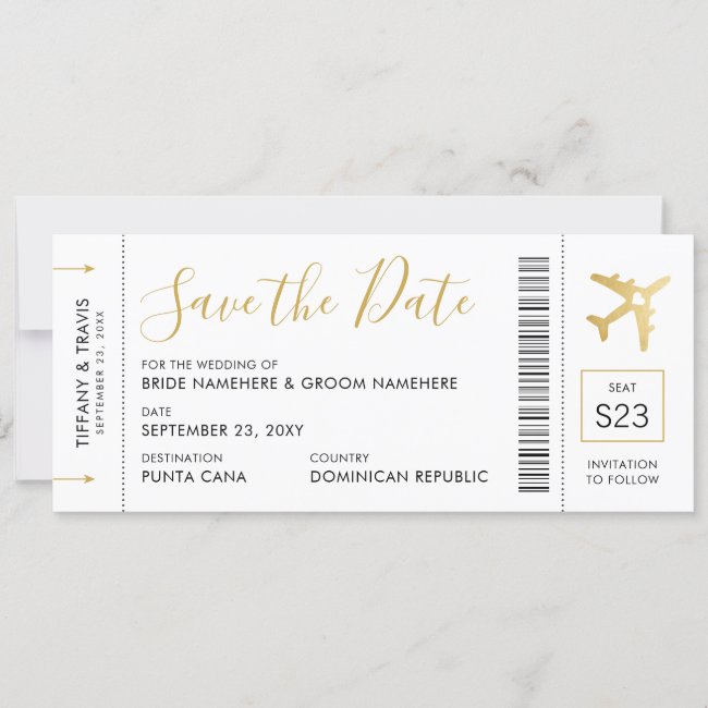 Boarding Pass Ticket Save the Date Gold Plane Card