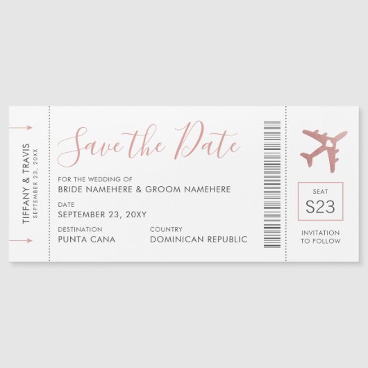 Boarding Pass Ticket Save the Date Magnet Pink (Front)