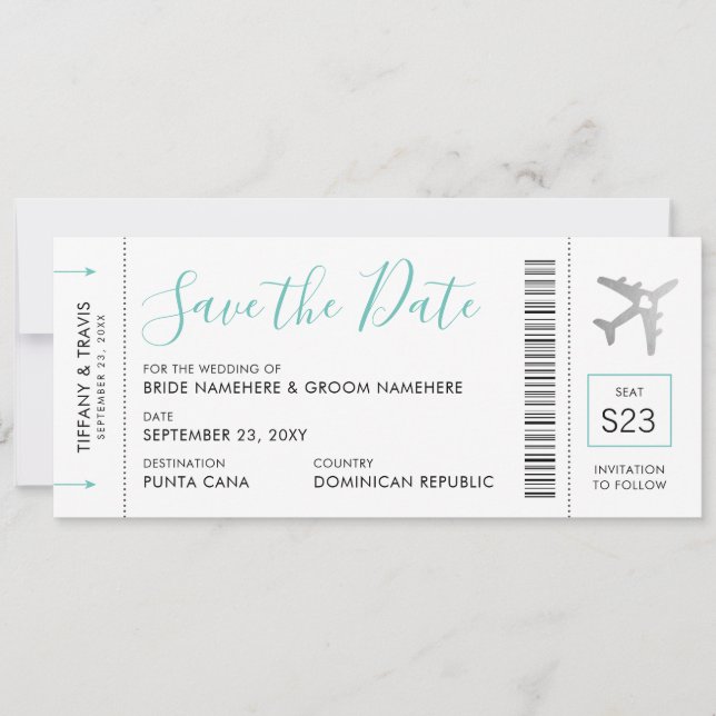 Boarding Pass Ticket Save the Date Silver Plane Announcement (Front)