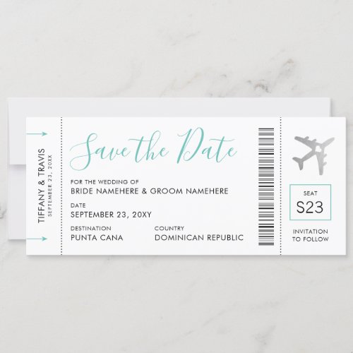 Boarding Pass Ticket Save the Date Silver Plane Announcement