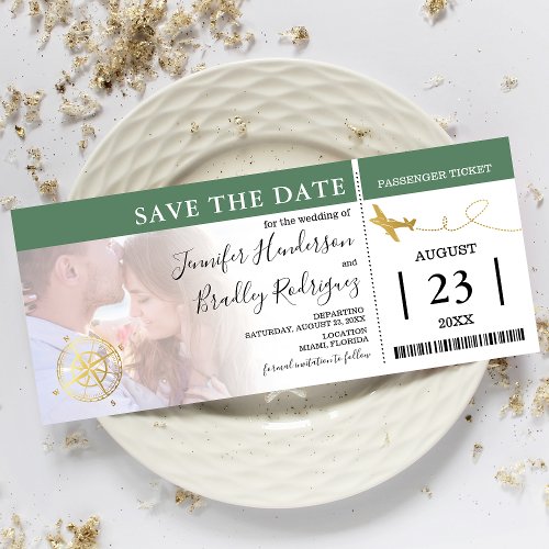 Boarding Pass Tickets  Green Save the Date Photo Invitation