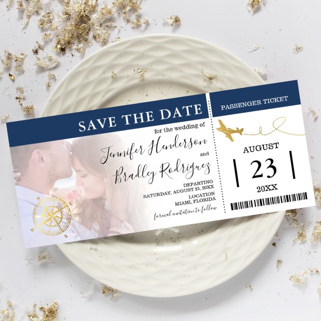 Boarding Pass Tickets | Navy Save the Date Photo Invitation