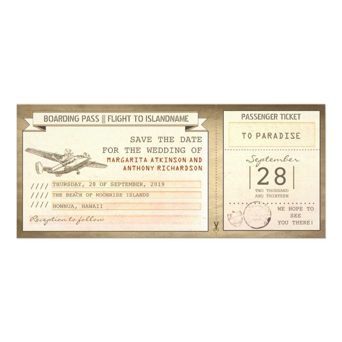 boarding pass tickets  vintage save the date invites