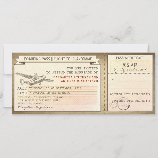 boarding pass tickets -vintage wedding invitations (Front)
