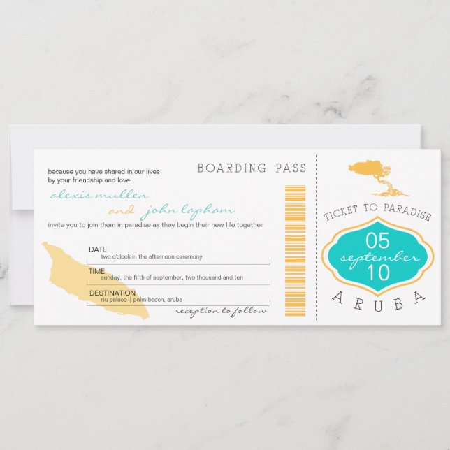 Boarding Pass to Aruba Wedding Invitation (Front)
