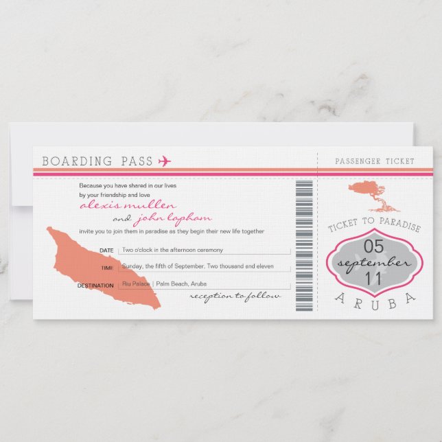 Boarding Pass to Aruba Wedding Invitation (Front)