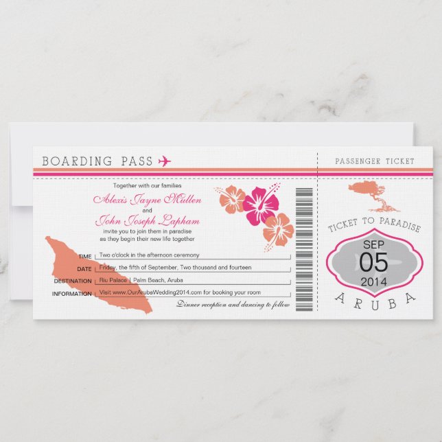 Boarding Pass to Aruba Wedding Invitation (Front)