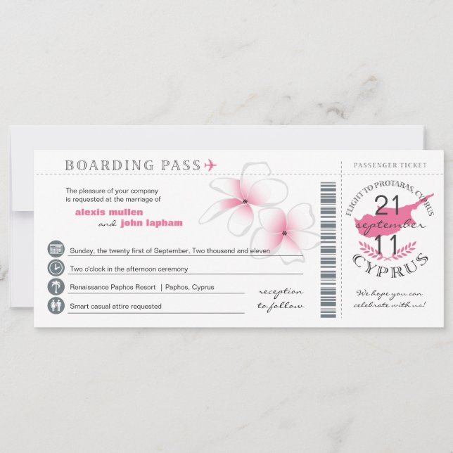 Boarding Pass to Cyprus Wedding Invitation (Front)