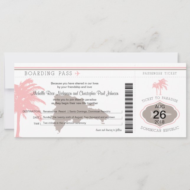 Boarding Pass to Dominican Republic Brown & Pink Invitation (Front)