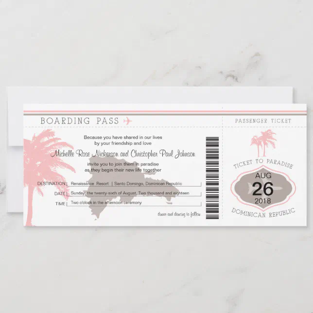 Boarding Pass to Dominican Republic Brown & Pink Invitation | Zazzle